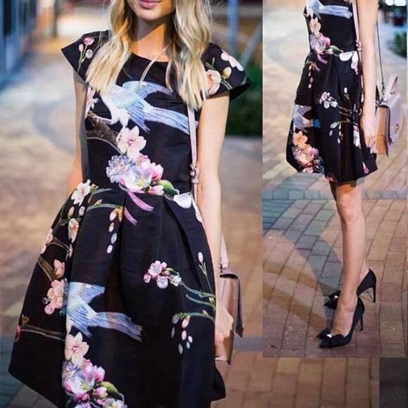 Ted Baker Zaldana Dress Black Mini Flight of the Orient Bird Print 2 US (0 Ted) - Picture 3 of 11